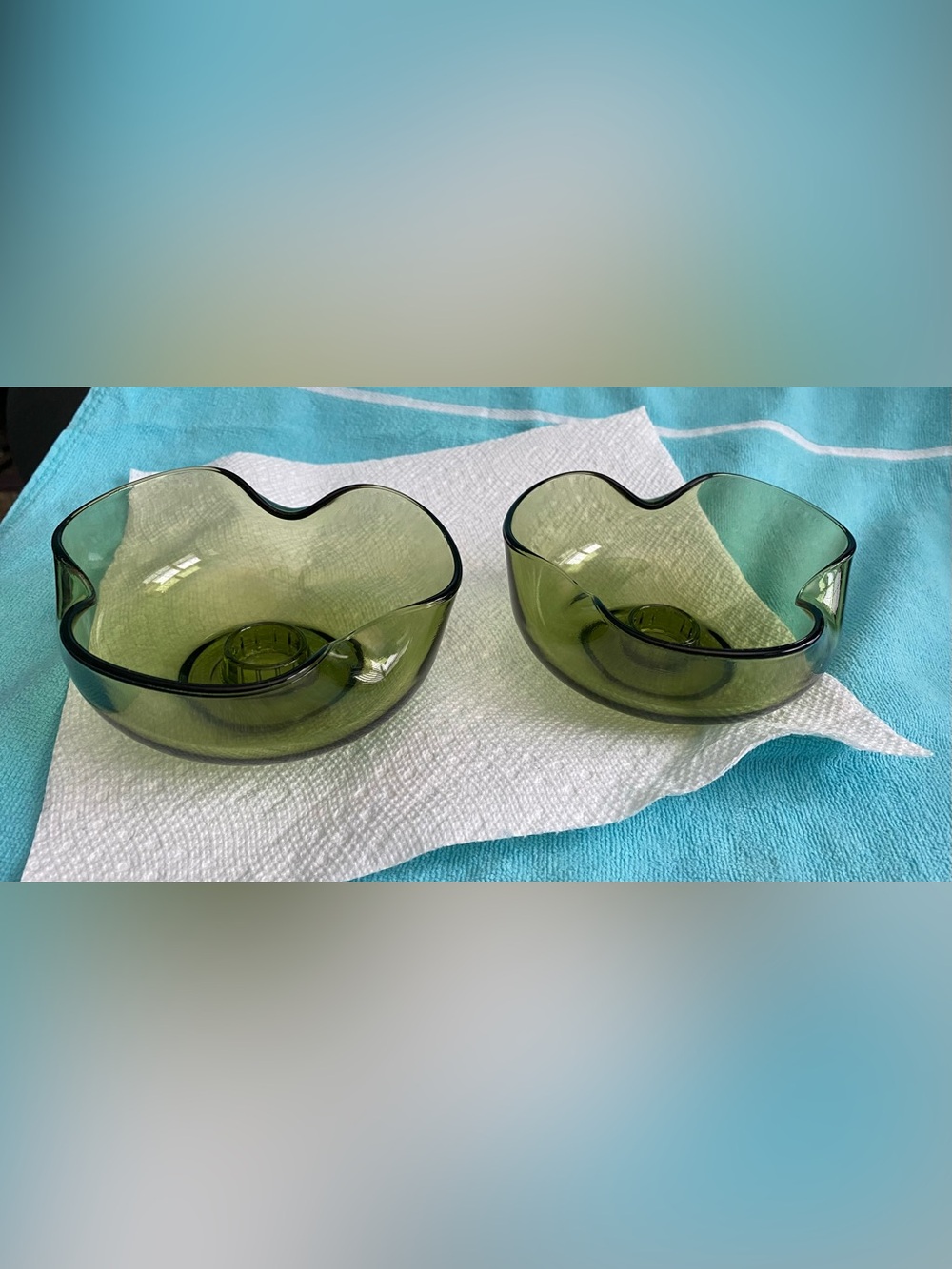 (2) Green Glass Single Taper candle holders Anchor Hocking Vintage Inspired
